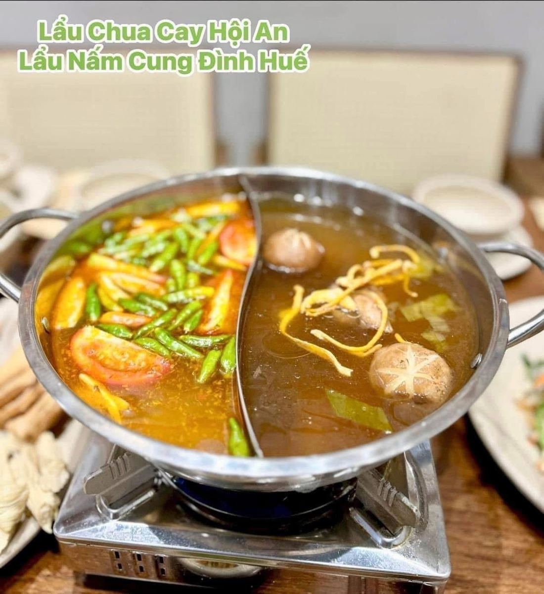 Lẩu chua cay Hội An và Lẩu nấm Cung đình Huế trong nồi 2 ngăn - Thế Giới Lẩu Chay - Chay 365